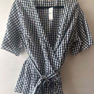 LOFT Gingham Wrap Top Navy White Peplum Tie Waist NWT XXL